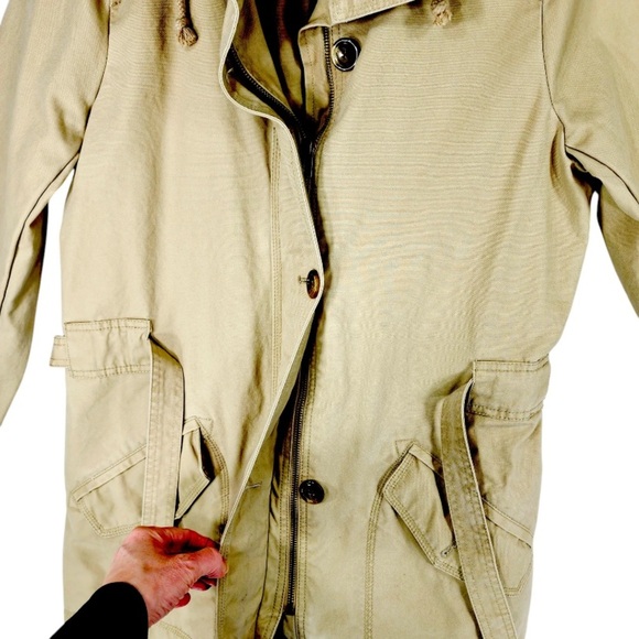 Gap Khaki Trench Coat Large Removable Hood 100% Cotton Preppy - Picture 4 of 15